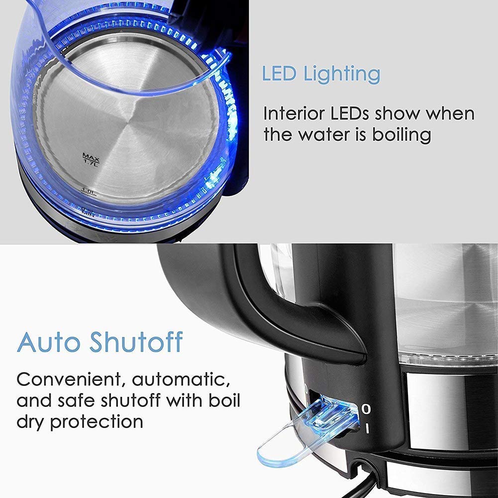 -Bollitore elettrico in vetro, bollitore ecologico con LED illuminato, bollitore senza fili senza BPA con coperchio e fondo interni in acciaio inossidabile, spegnimento automatico rapido e protezione