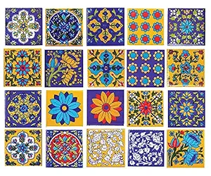 Artook Decor Blue Pottery Home Decorative Ceramic Tiles Backsplash Wall Tiles Mural Panel Kitchen Washroom Mosaic Tiles (2x2-inches Set of 6, Yellow & Blue)