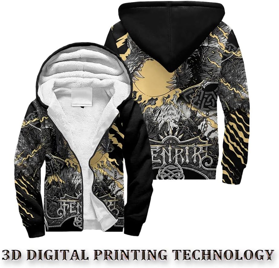 Viking Men's Winter Warm Cotton Overcoat Fenrir Wolf Tattoo 3D Printed Casual Zip Street Jacket Novelty Parka Coat