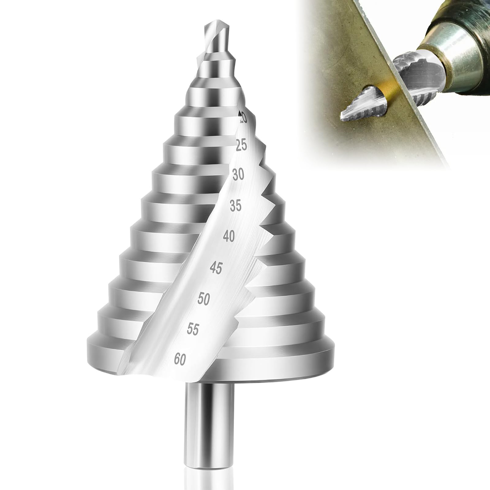 Foret étagé HSS de 6 à 60 mm, avec foret conique à 12 niveaux, foret précis avec rainure hélicoïdale, tige de 13 mm, foret étagé pour métal, bois et plastique