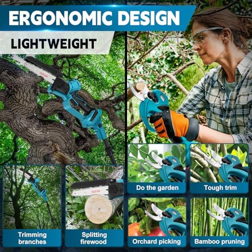 Bild 1 - 4 in 1 Akku Hochentaster 6 Zoll Mini Kettensäge mit Akku und ladegerät 45 mm Elektrische Gartenschere 2x 4000mAh Elektrische Baumschere Astschere HandKettensäge Batterie säge Teleskop Astsäge
