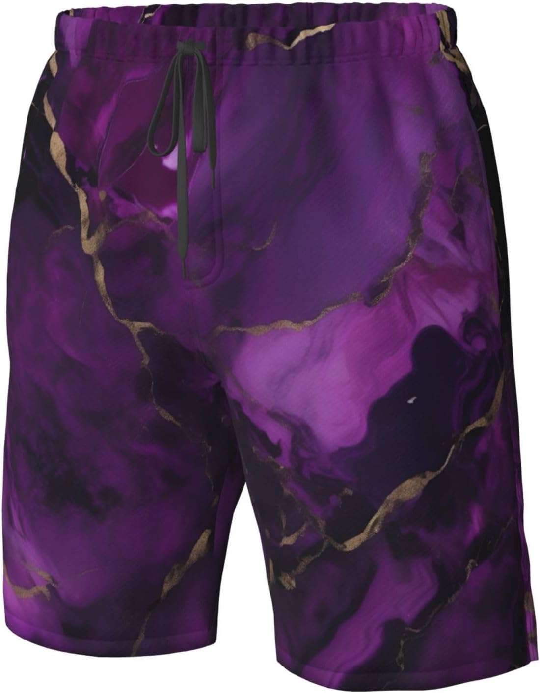 Mens Dark Purple Texture Marble Print Beach Shorts,Casual Summer Shorts for Men,Quick Dry Polyester