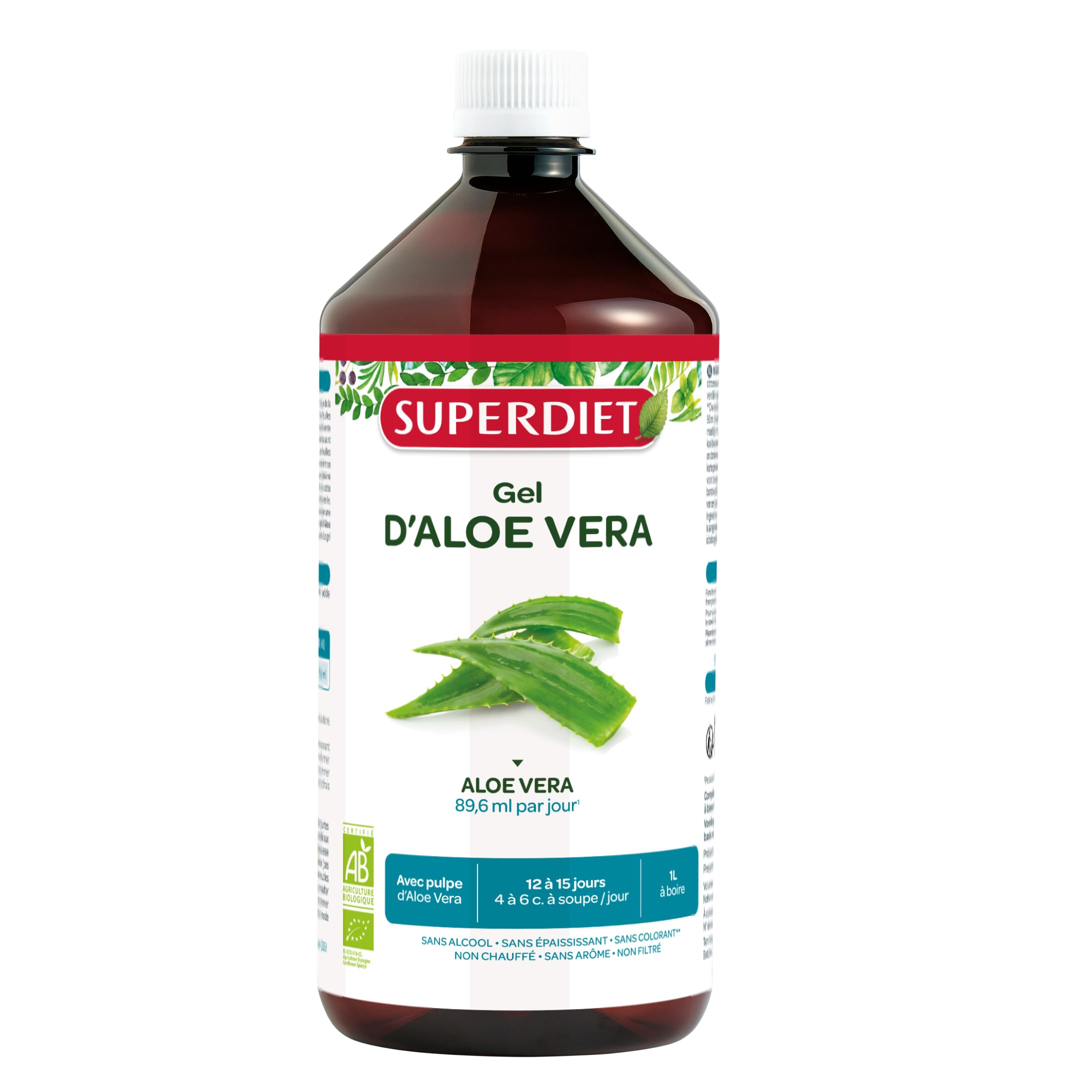 Gel d'Aloé Vera Bio - Pulpe fraîche - 89,6ml par jour - Digestion - 1L