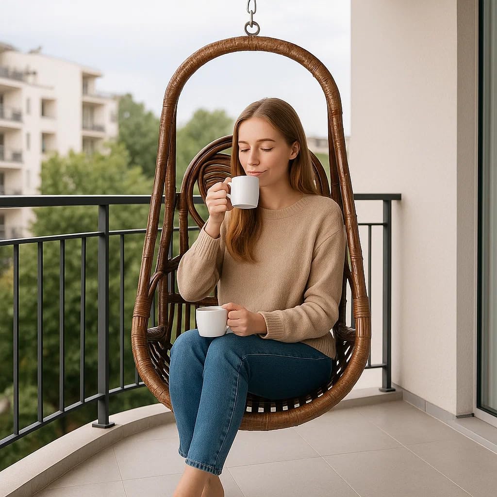 Rattan Swing Chair with Cushion | Single Seat Hanging Jhula for Balcony and Living Room | Indoor Swing with Heart Design for Adults and Kids