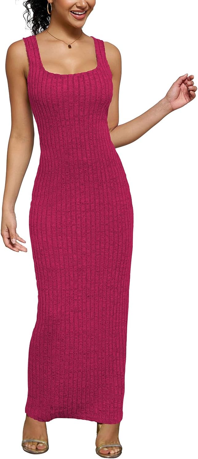 PINSV Women's Bodycon Maxi Dress Stretchy Sleeveless Tank Dress Summer Long Ribbed Casual Beach Party Dress Rose Red S - Image 4