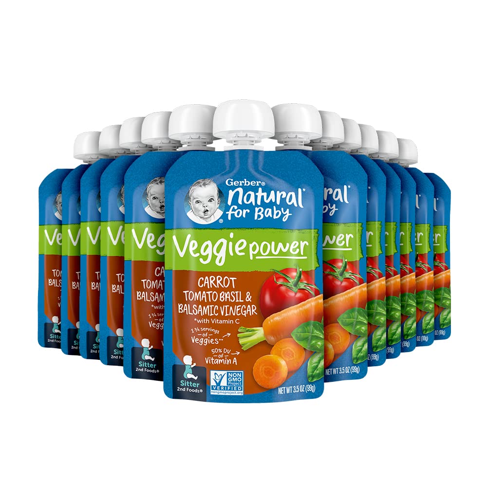 GerberBaby Food Pouches, 2nd Food for Sitter, Veggie Power, Carrot Tomato Basil With Balsamic Vinegar, 3.5 Ounce (Pack of 12)