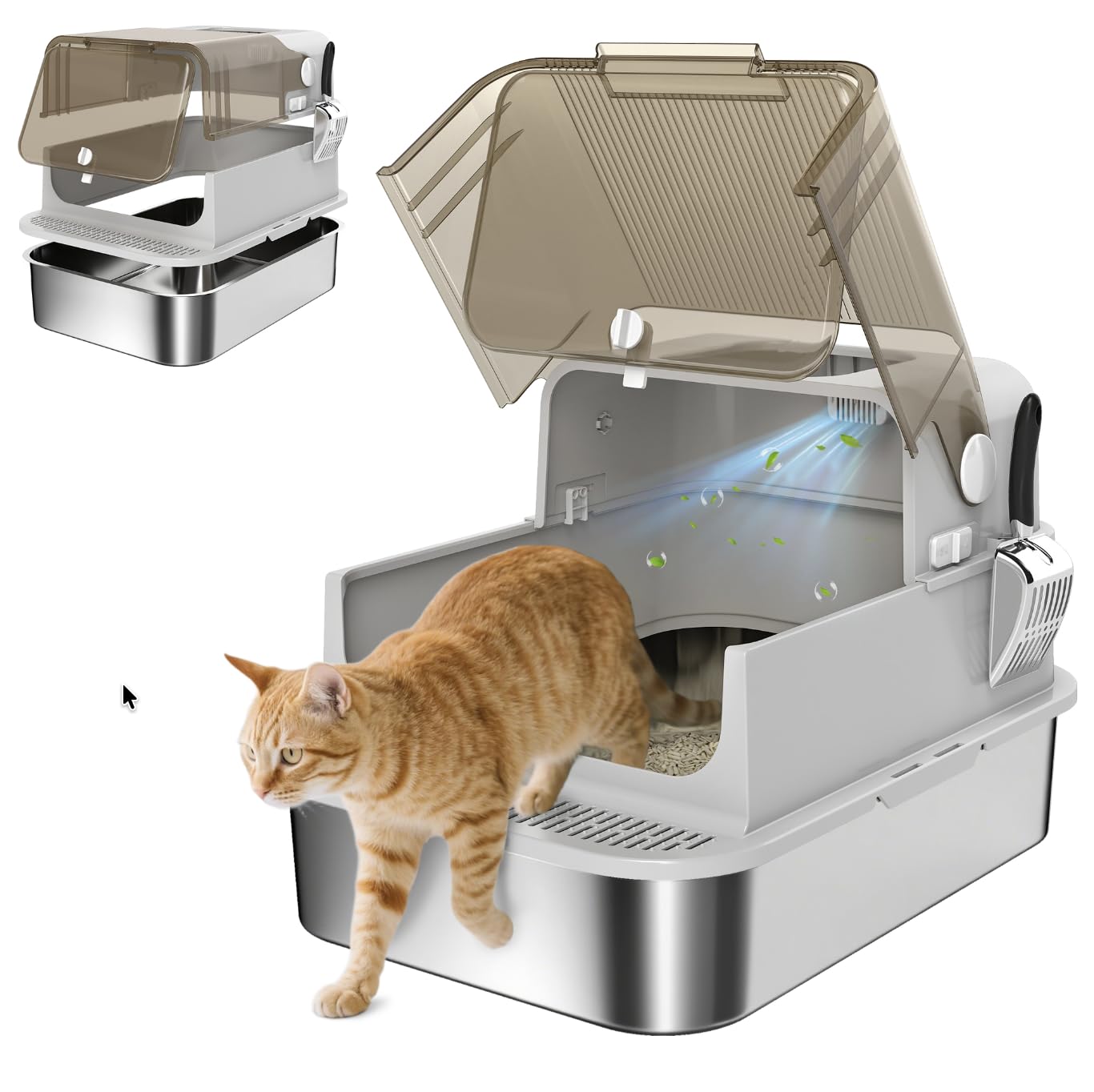 ZOOPARK Litière Fermée Chat XXL 70x50cm INOX Anti-Projection - Maison de Toilette Maine Coon Ragdoll, Bac Acier Inoxydable, Couvercle Transparent, Pelle INOX Incluse