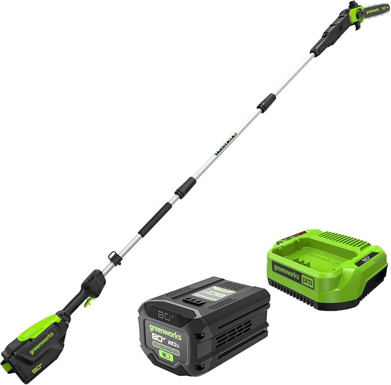 Sierra de altura eléctrica Greenworks de 80 V y 10 pulgadas, batería de 2,0 Ah y cargador