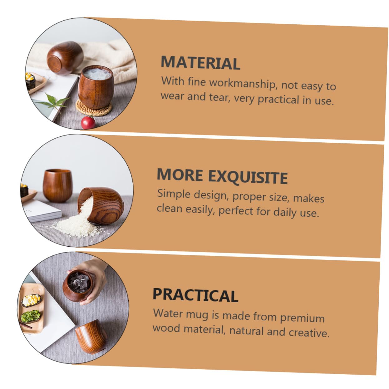 Garneck 3-piece Wood Sake Cup Set Natural Wooden Cup for Water Beverage Juice Milk Fine Craftsmanship