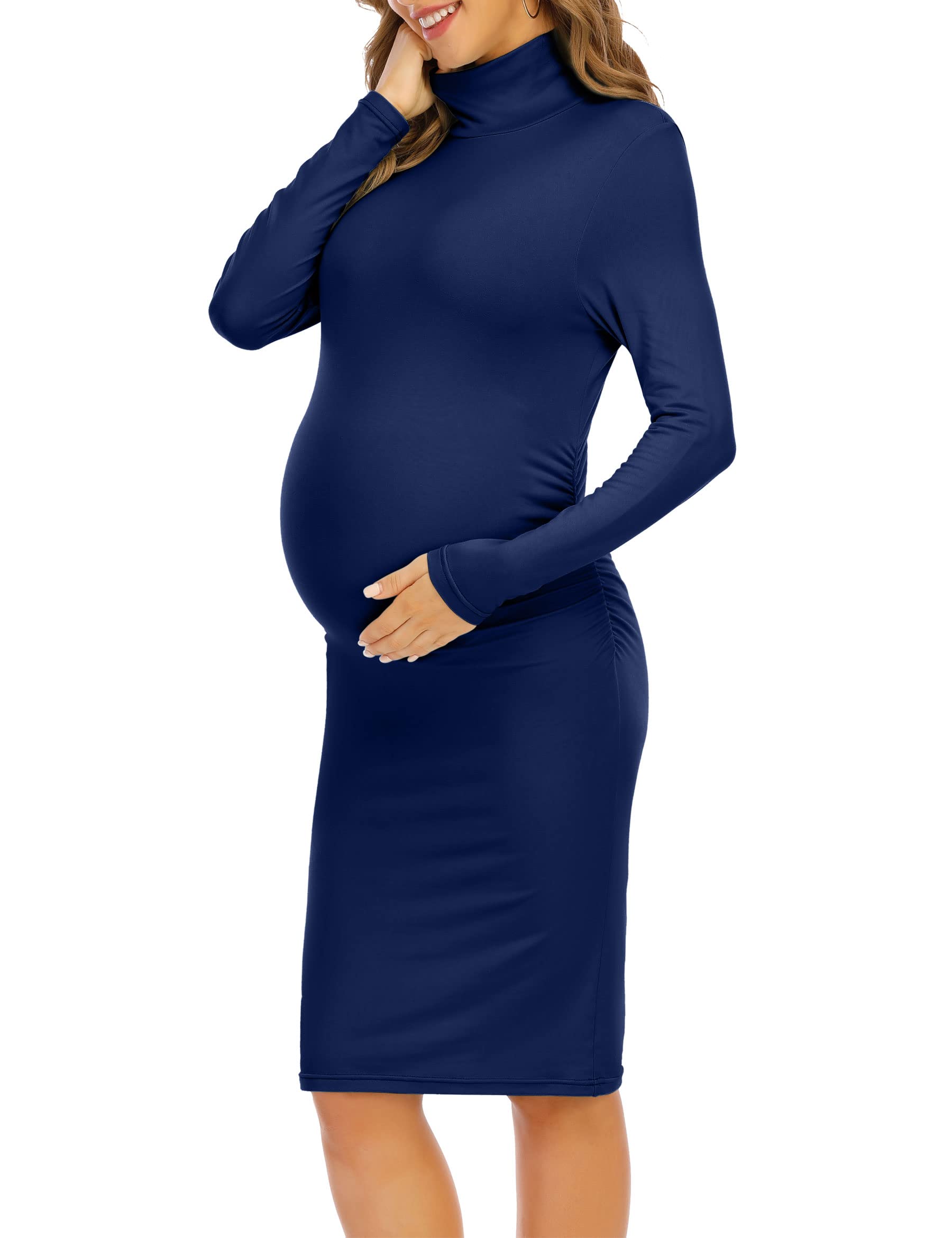 RheaneWomens Turtleneck & Long Sleeve Maternity Dress(S-XXL)/Side Ruched Maternity Bodycon Dress