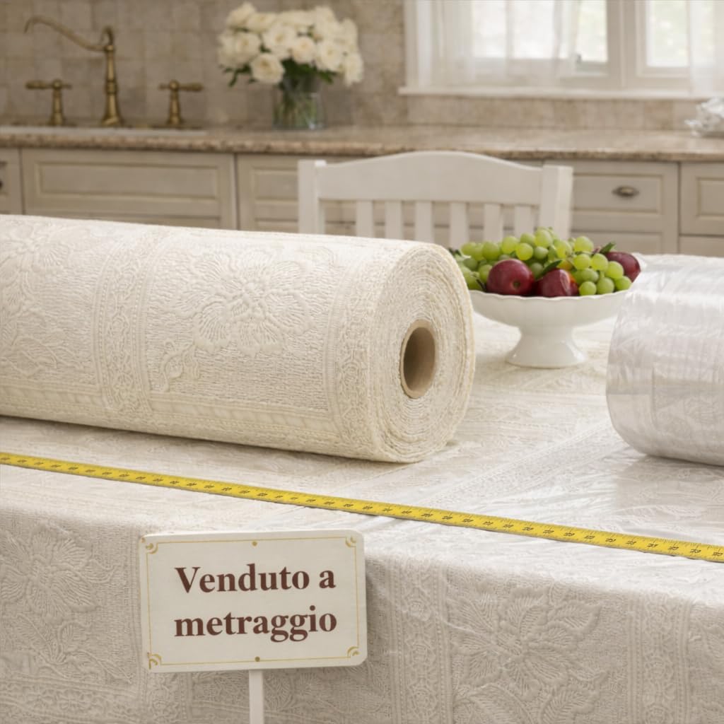 Tovaglia Plastificata Rettangolare Macramè - GALEONE | Tovaglia Antimacchia - Eleganza e Praticità - Vendita al Metro - Effetto Macramè | Protezione - Antigraffio - L Standard 1,4m | PANNA 1,4x10