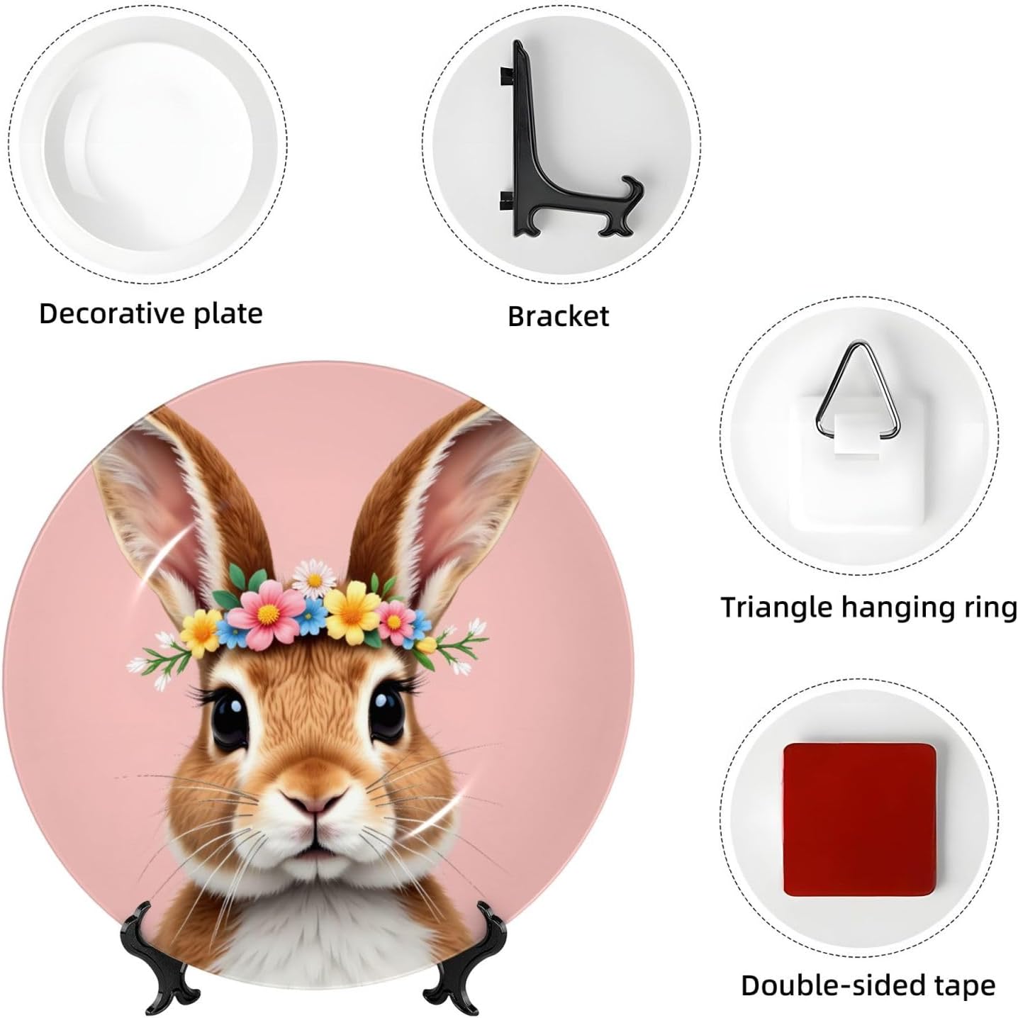 Easter Illustration Style Ceramic Plate Display Decorative Plate With Stand Wall Hanging Plate For Home Decor 10 Inch