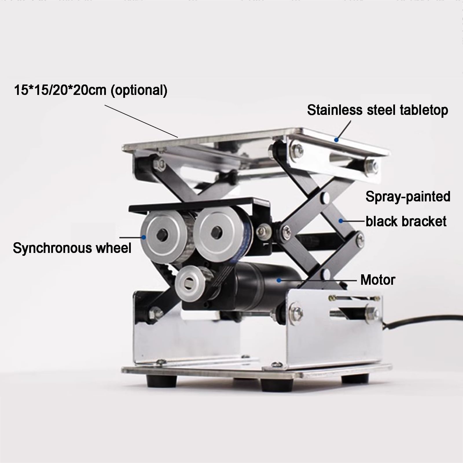 Plataforma elevadora eléctrica con mando a distancia, capacidad de carga de 10 kg, velocidad de elevación de 60 segundos, ideal para laboratorios escolares y producción, diseño compacto de 20 x 20 cm