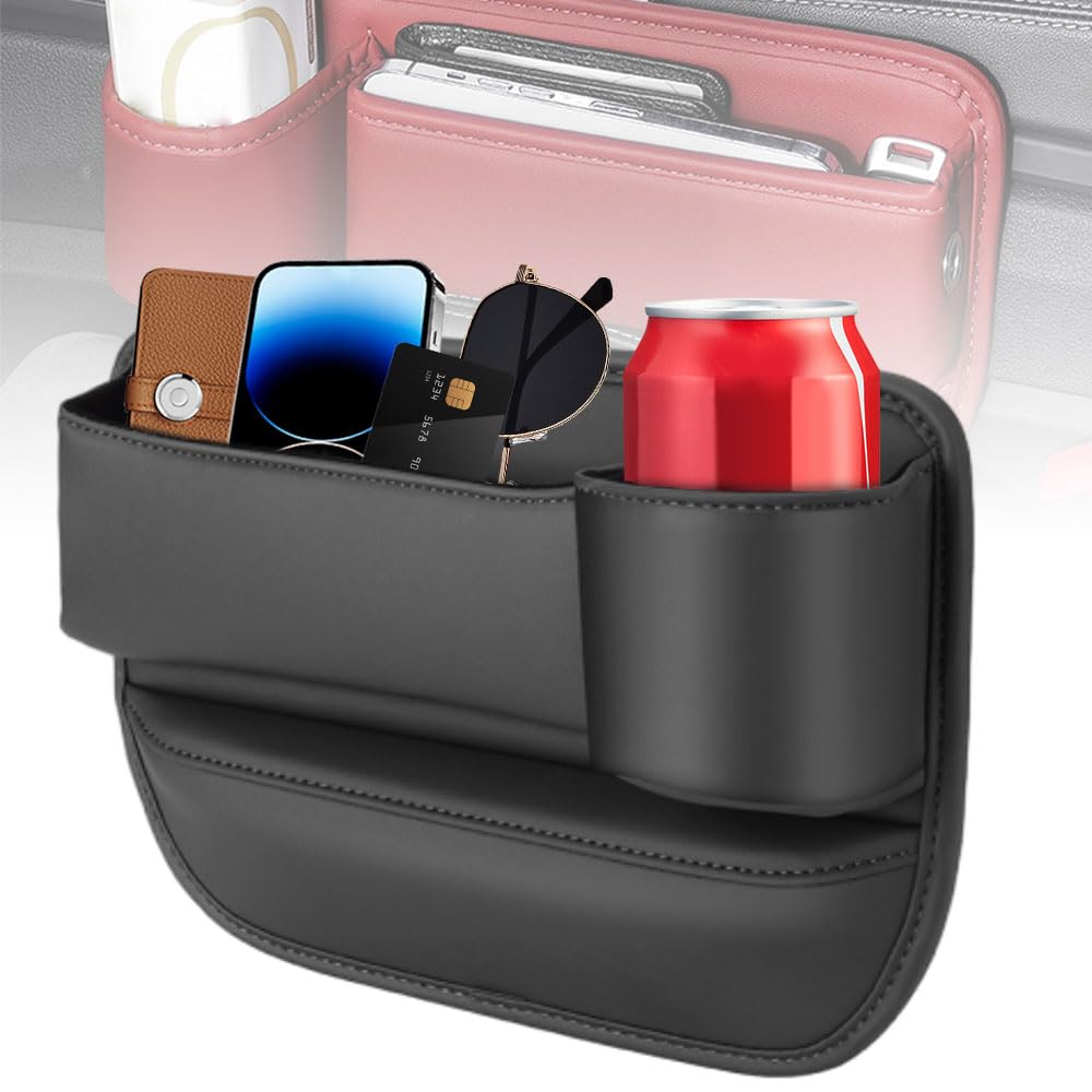 Seat Gap Storage Box, car seat Gap Filler Manager with Cup Holder and Charging Hole, car seat Manager, Leather Cup Holder Gap Bag (Copilot-Black)