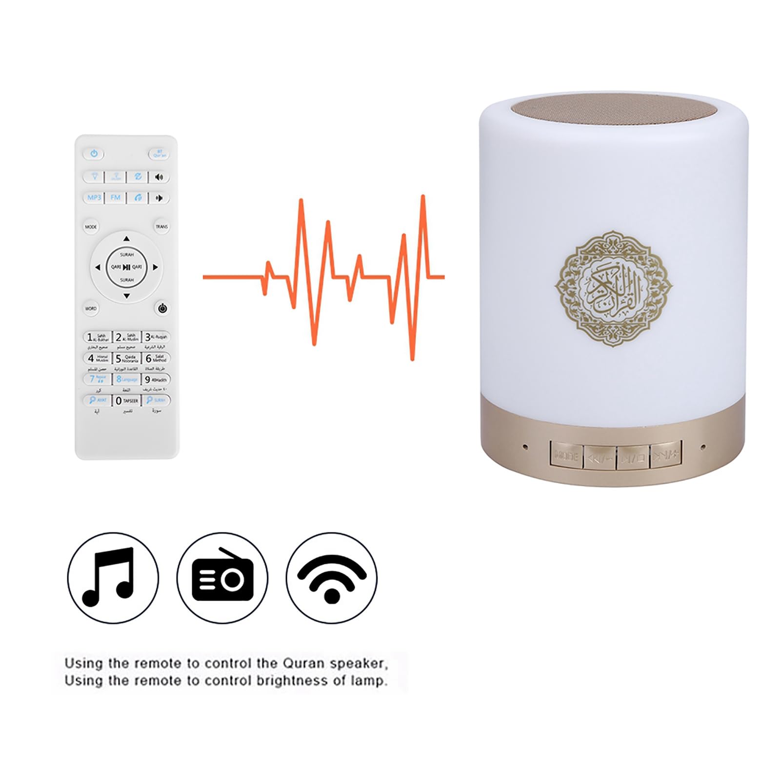 VBESTLIFE Haut-Parleur Bluetooth Portable, Lampe LED Tactile Multifonctionnelle avec Télécommande et Lecteur MP3 Coran en 17 Langues pour la Maison, Le Yoga, Le Camping