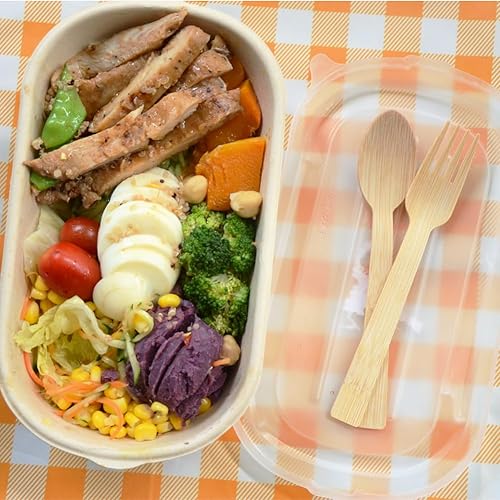 Miniatura 4 de Utensilios desechables de bambú, 50 juegos tenedor + cuchara juegos envueltos individuales, cubiertos 100% compostables de una sola porción,