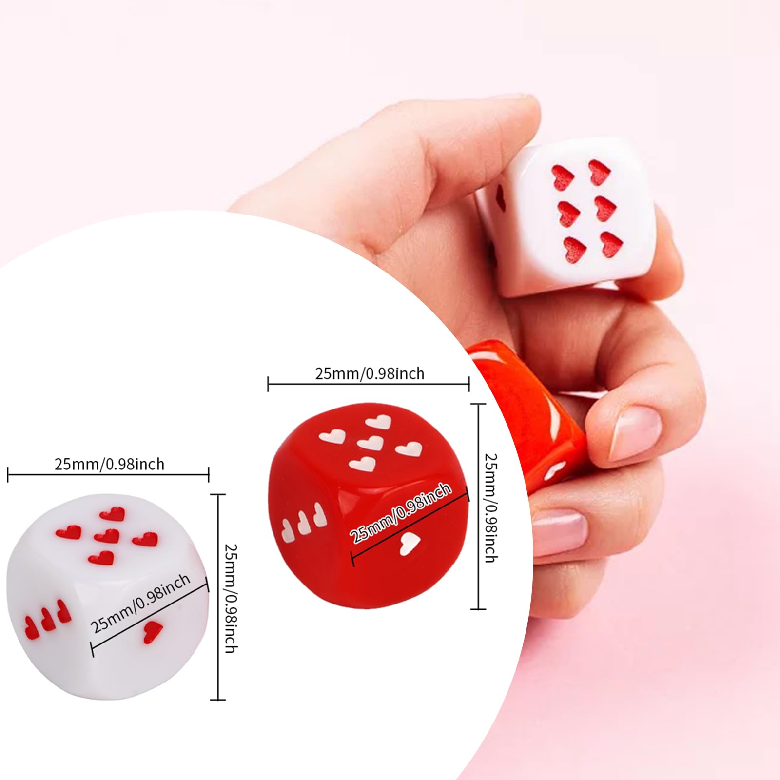 Dadi a cuore, 5 paia 25mm di metodo di gioco multiplo in plastica bianca rossa Gioco portatile alla moda D6 Set di oggetti di scena a sei facce