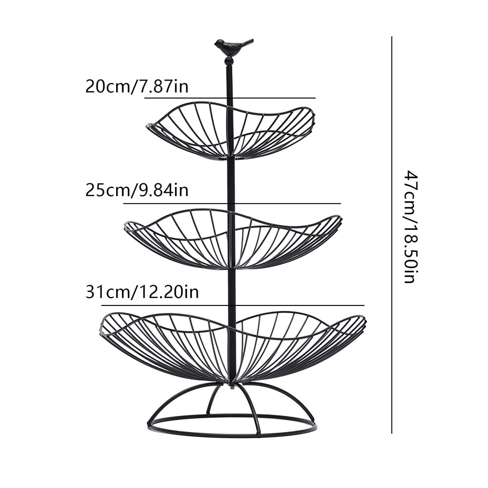 Frutero de 3 pisos, frutero de metal mate, moderno, soporte para frutas, para más espacio en la encimera, cocina, pan, aperitivos, verduras (negro), 20 x 25 x 31 cm