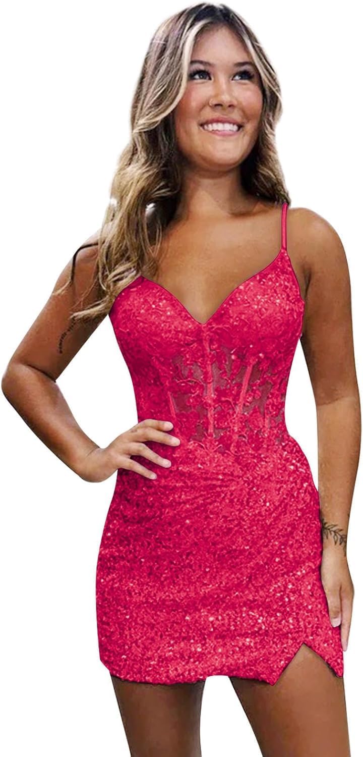 Loyeloy Short Homecoming Dresses for Teens 2024 V Neck Sparkly Sequin Applique Prom Evening Gowns