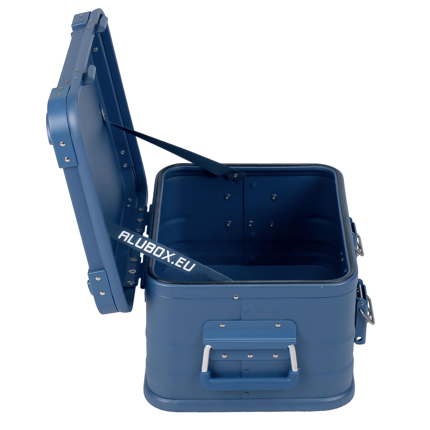 Alubox Alukiste abschließbar E18-BLUE - Premium Aluminium Werkzeugtruhe 18 Liter - Deckel mit Aluminium Druckguss Stapelecken und Gummidichtung - inklusive Schlösser - pulverbeschichtet blau