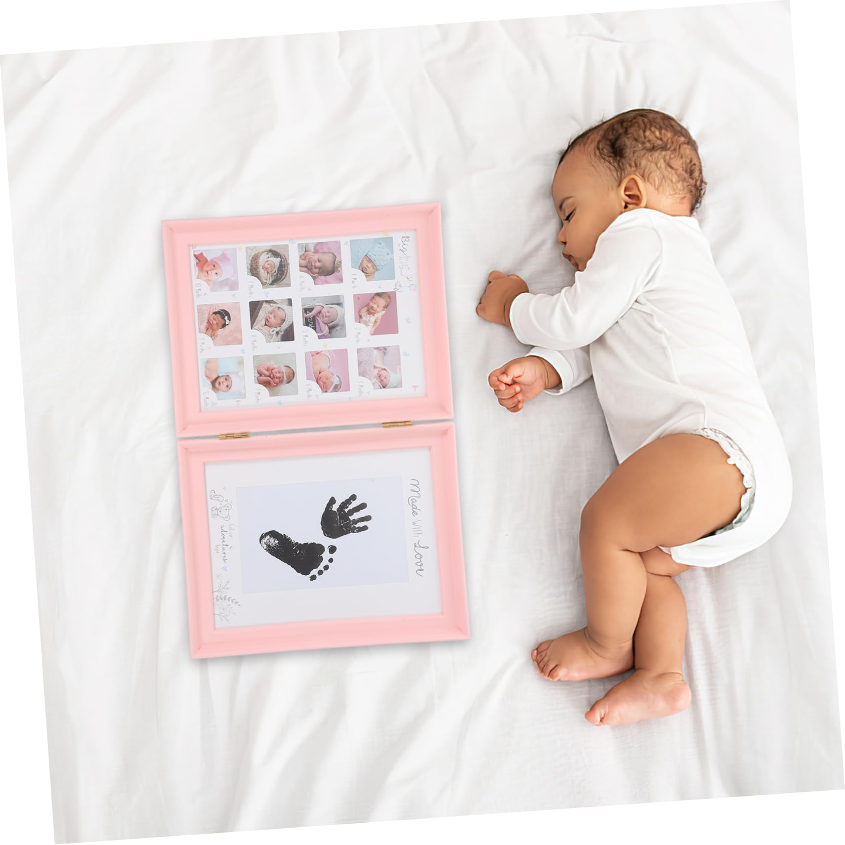 Cornice Ricordo Crescita Bebè Rosa, Doppia Apertura, Kit Impronte Mani e Piedi, in Plastica Pvc e Cartone, Regalo Nascita e Compleanno