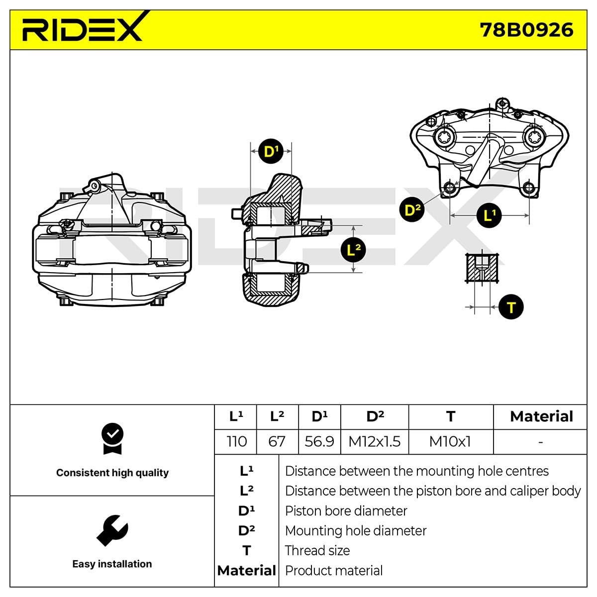 RIDEX 78B0926 Pinza de freno Delantero Derecha Delantero con pistón con bastidor de soporte Compatible con MERCEDES-BENZ Clase C Sedán W203