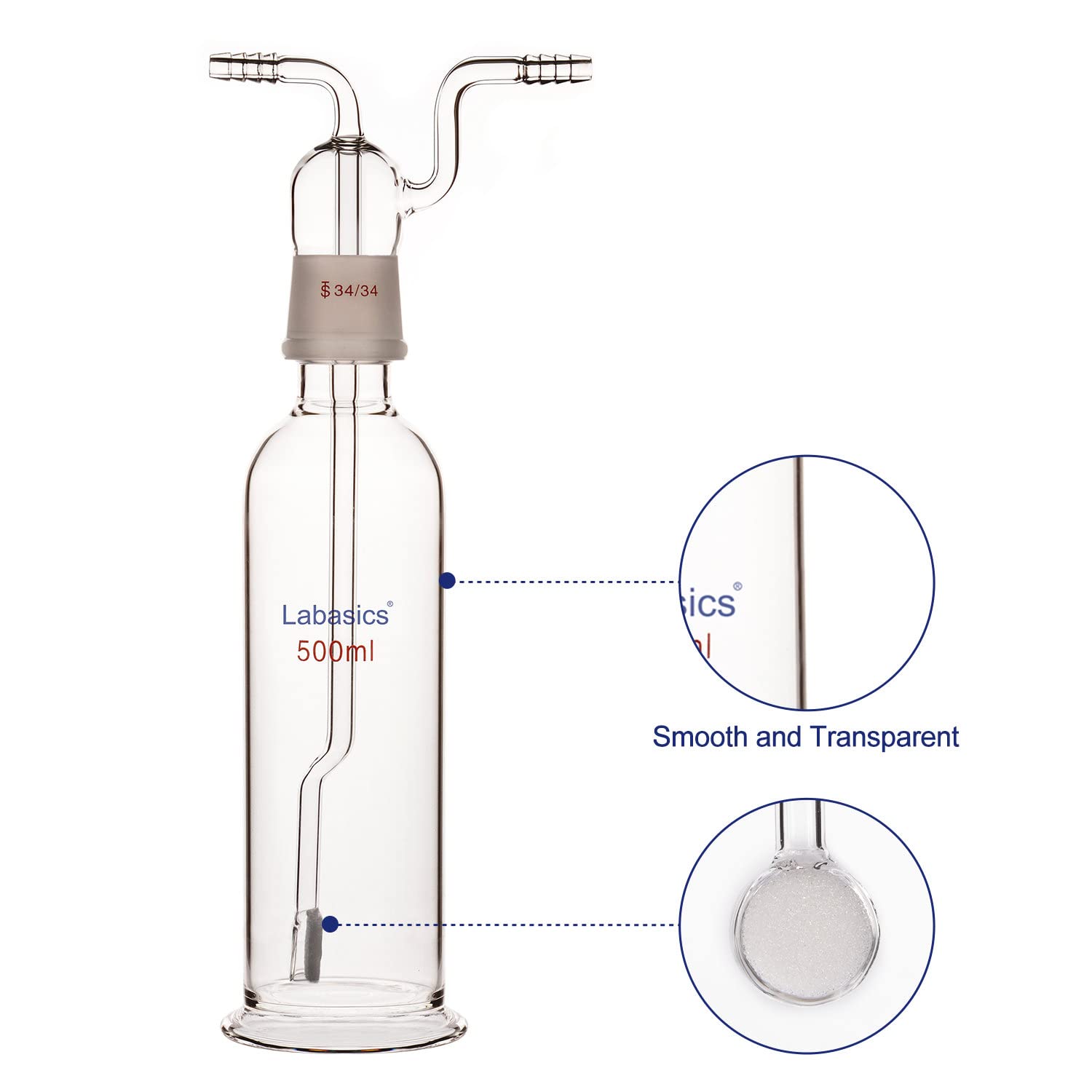 Labasics Bottiglia di Lavaggio del Gas, Vetro Borosilicato 34/34 Tappo Gas Gorgogliatore di Gas Bottiglia di Lavaggio con Disco Fritto e 8 mm di Ingresso OD/Tubi di Uscita, 500 ml