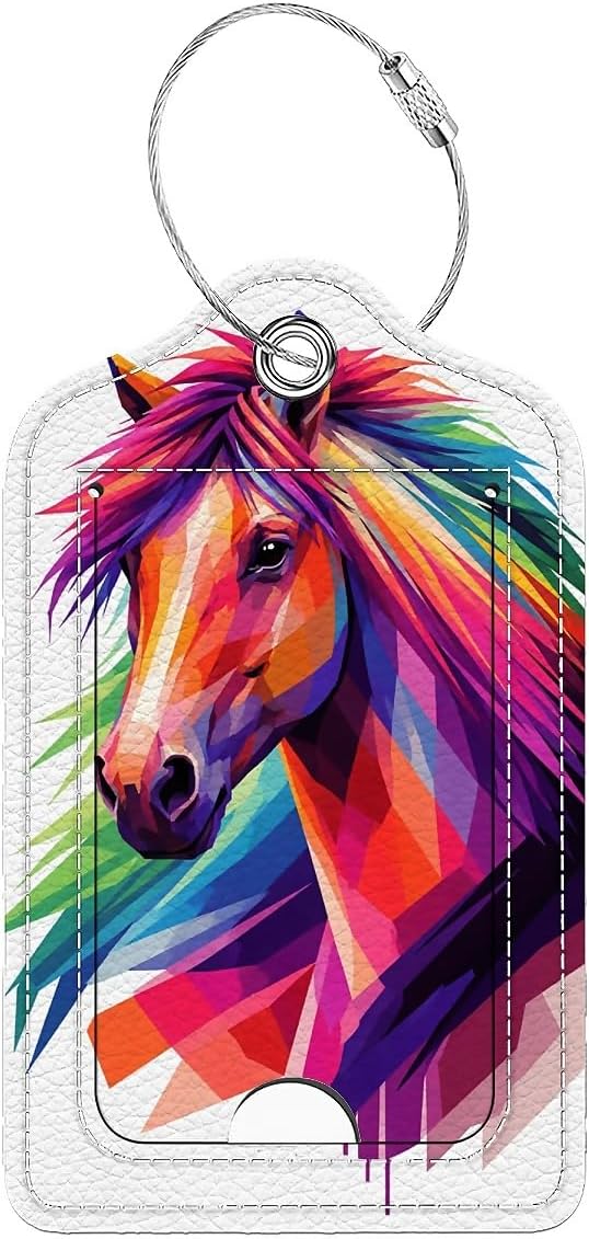 Luggage Tags,Colorful Geometric Horse Design, Double-Sided Privacy Cover ID Labels with Stainless Steel Loop and Address Card for Travel Bag Suitcase