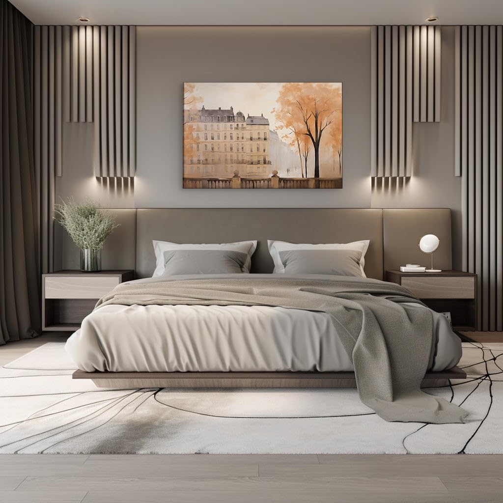 Canvas for Living room. Parisian Serenity in Sunset's Soft Embrace: A Dreamy Cityscape Oil Painting, 27 x 18 inch Canvas Wall Art - Contemporary Masterpieces - Modern Home Decor