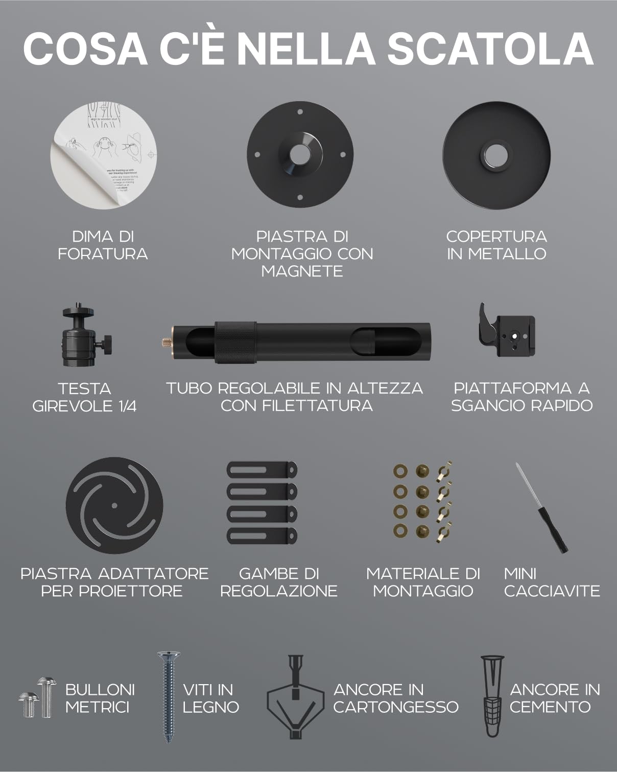 Supporto universale per proiettore PropVue - Supporto regolabile a soffitto o a parete per mini proiettori da ufficio e per la casa - Facile installazione, girevole a 360°, lunghezza da 35 a 53 cm