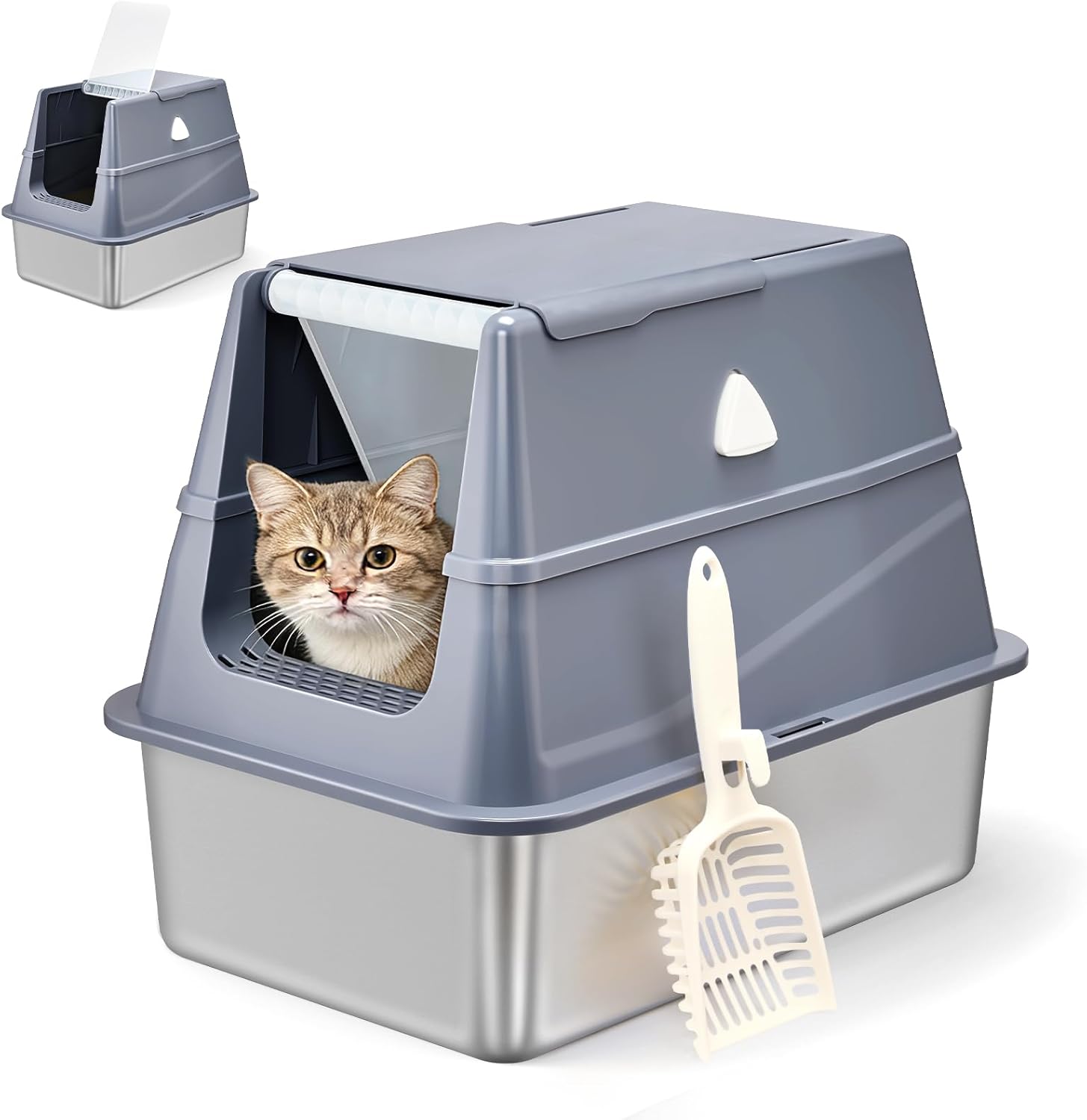 Stainless Steel Litter Box with Lid,Large Anti-Leakage Enclosed Cat Box,Movable Top Enclosed Stainless Steel Litter Box with High Sided Enclosure with Scoop,Odor Free for Kitty&Medium Cat(Grey)