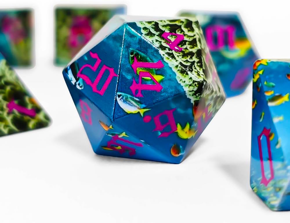 Handcrafted Polyhedral Dice Set, Sharp Edge Gaming Dice, Multi-Color Phoenix, Cherry Blossom, Ocean Themed, 7-Piece DND RPG Collection (HSSL310)