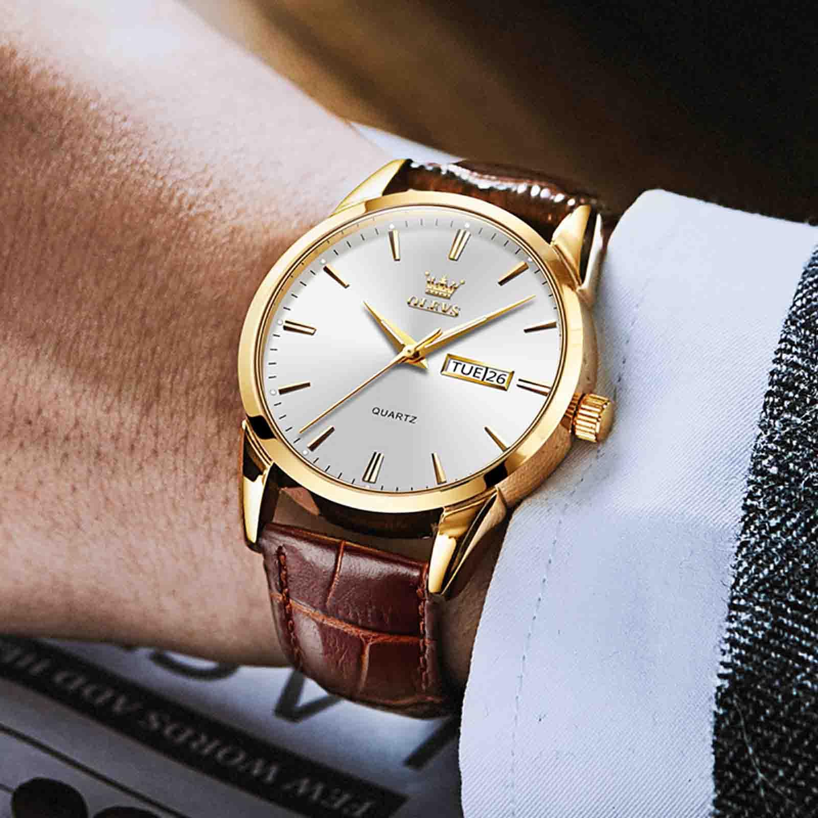 OLEVS Orologio da uomo, luminoso, casual, in pelle, facile da leggere, al quarzo, con data, impermeabile, blu/nero/analogico, orologio da polso da uomo