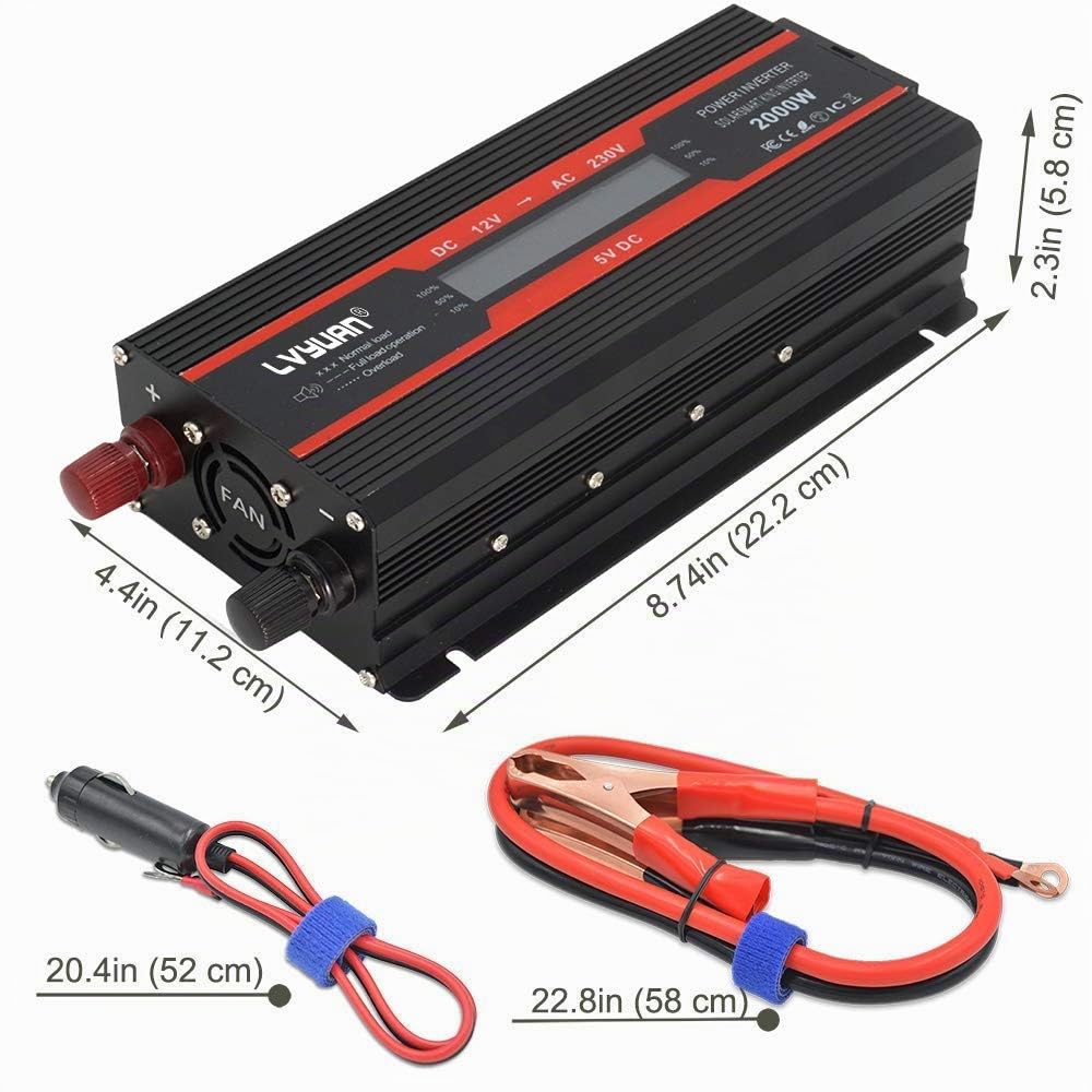 LVYUAN Wechselrichter 12V 230V 2000W Spannungswandler Power Inverter mit 2 USB LCD Alligatorclip Zigarettenanzünder Stecker Stromumwandler für Auto KFZ Wohnwagen LKW