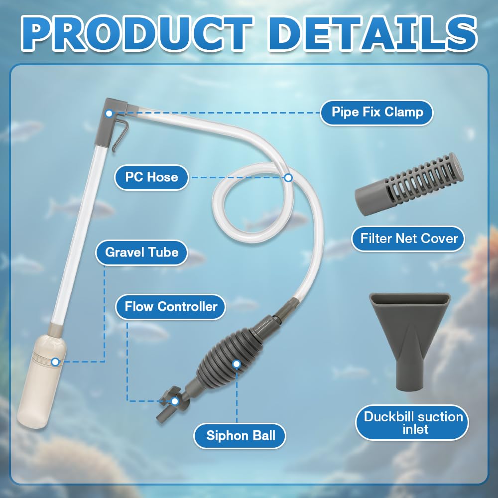 Aspirateur Aquarium, 1.7m Nettoyage Aquarium, Pompe Nettoyage Aquarium avec Règulation du Débit pour Vidange Complète, Siphon A-quarium pour Nettoyage, changements et Nettoyage du Sable (Gris)