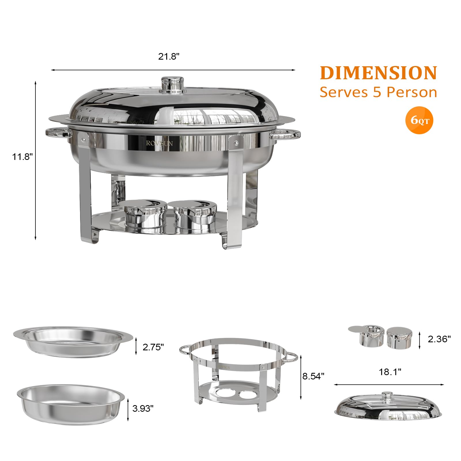ROVSUN Juego de 2 platos ovalados para buffet, juego de platos de acero inoxidable de 6 cuartos de galón con tapa de cristal, chafers y calentadores de buffet para fiestas, catering, bodas, banquetes,