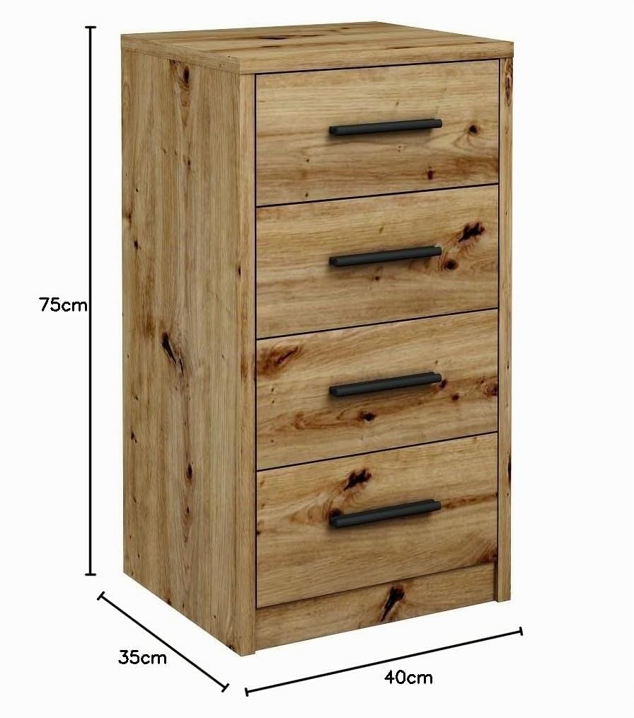 MATKAM Kommode Bodo 4S mit Vier Schubladen, H/B/T 75 x 40 x 35 cm, Griffe in Metall-Optik, Führungsschienen aus Metall (Artisan Eiche)