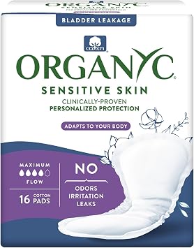 Organyc 100% Organic Cotton Incontinence Pads for Bladder Leaks, FSA/HSA Eligible, Maximum Flow, 16 Count