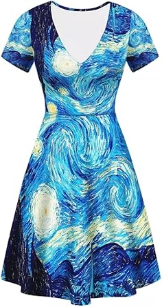 GLUDEAR Women Casual Dress Paint 3D Print V-Neck Short Sleeves A-Line Swing Midi Dresses