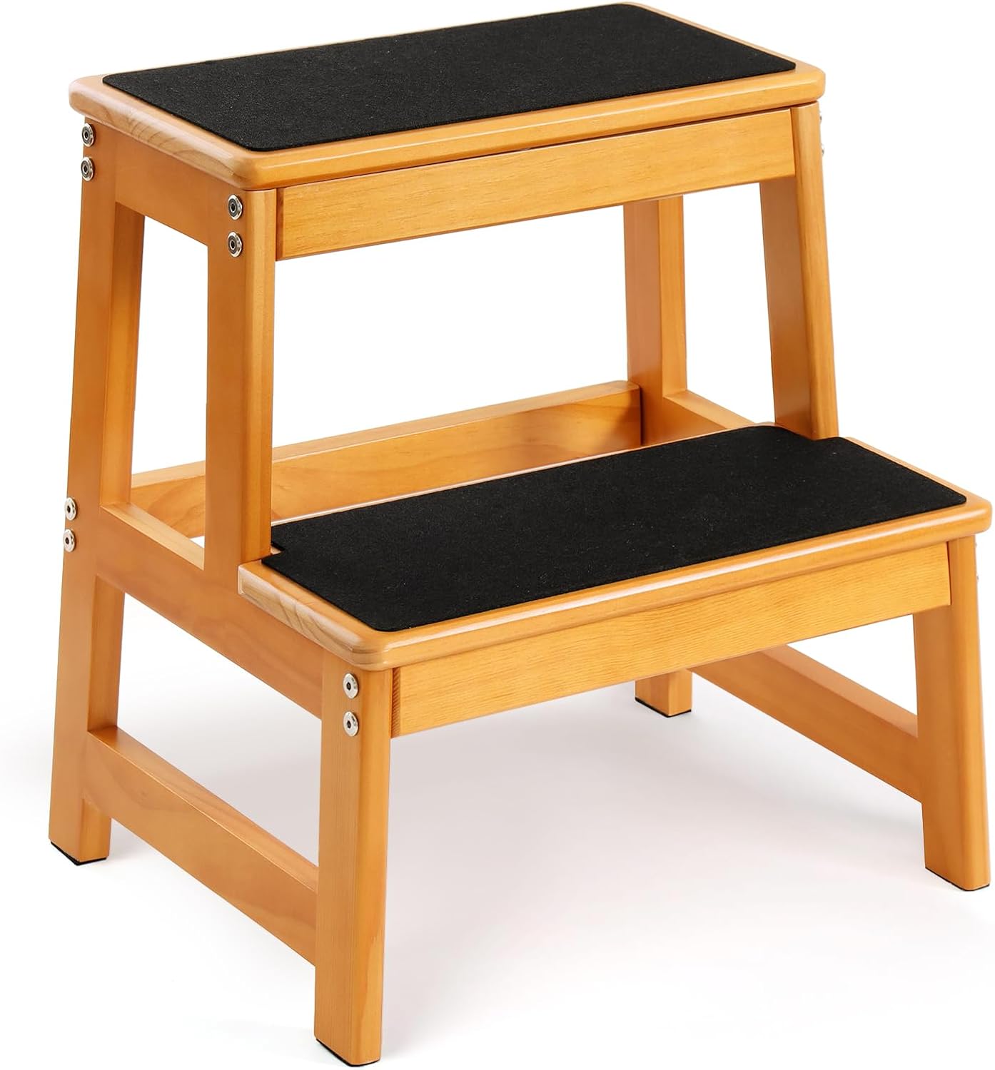 Wooden Step Stool for Adults & Kids, 18Inch 100% Pine Wood 2-Step Stool with Non-Slip Surface and Pads, Heavy-Duty Capacity for Kitchen/Bathroom/Bedroom