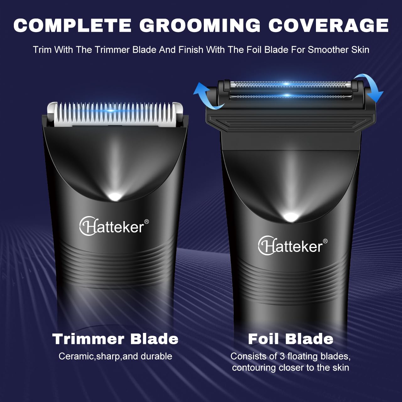 Side-by-side comparison of the trimmer blade head and the foil shaver head for the HATTEKER HT-8102.