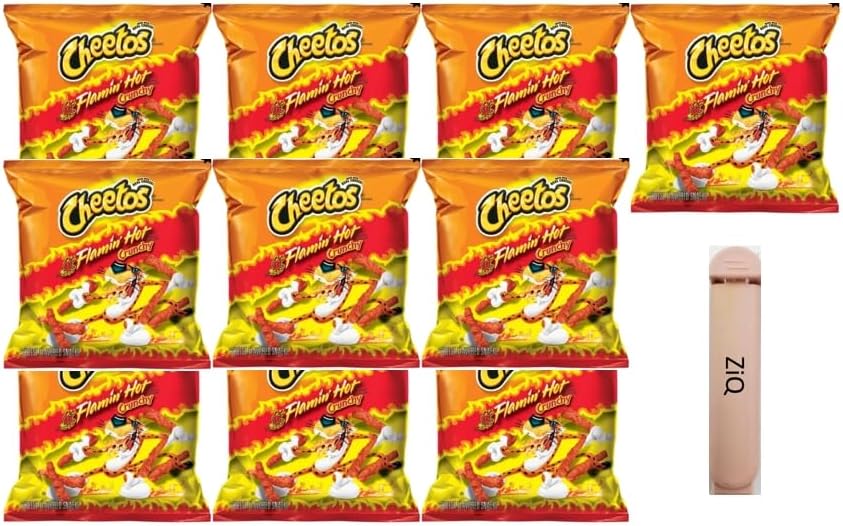 Cheetos Cheese Flavored Snacks, Flamin' Hot Crunchy, 1 Ounce - Snack Pack of 10 / 1 Ounce Bags Gluten Free Healthy Chips & Crisps- Bulk Snacks & Individual Chips - Variety Chips for All Adults, Teenagers, and Kids Snacks + 1 Bag of Mystery Flamin' Chip / 1 ZiQ Food Clip (10PK, FLAMIN' HOT)