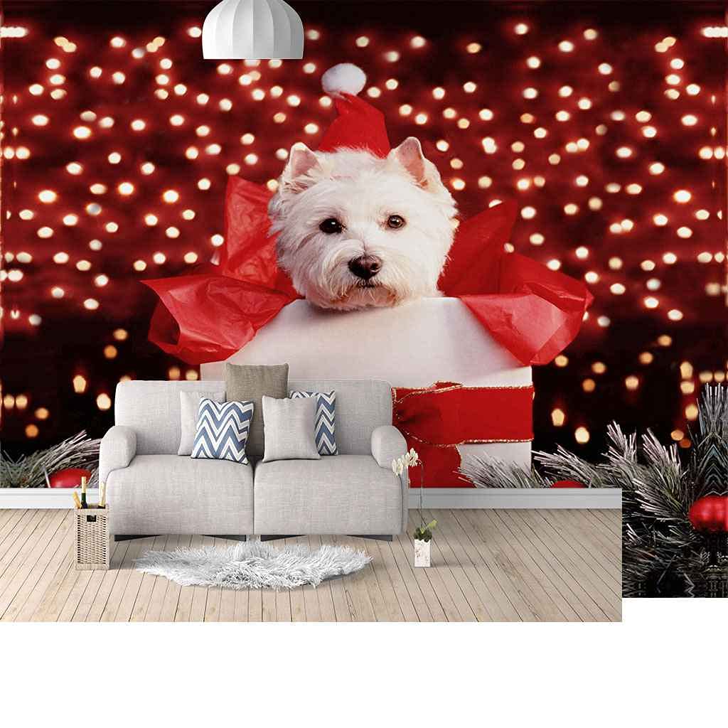 Papier Peint Chiot Blanc de Noël Canapé TV 250x175 cm