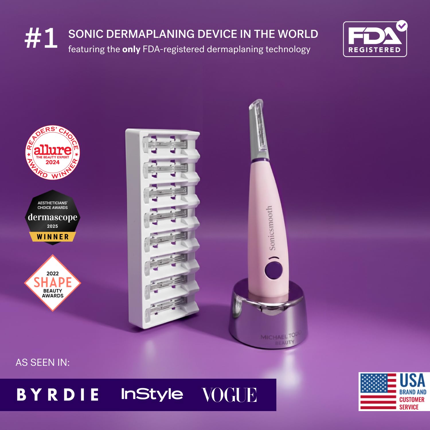 Michael Todd Beauty Sonicsmooth Dermaplane Rasierer für Frauen Gesicht + Augenbrauentrimmer Dermaplaning System – Pfirsich-Fuzz-Entferner – 8 Wochen Dermaplaning-Klingen