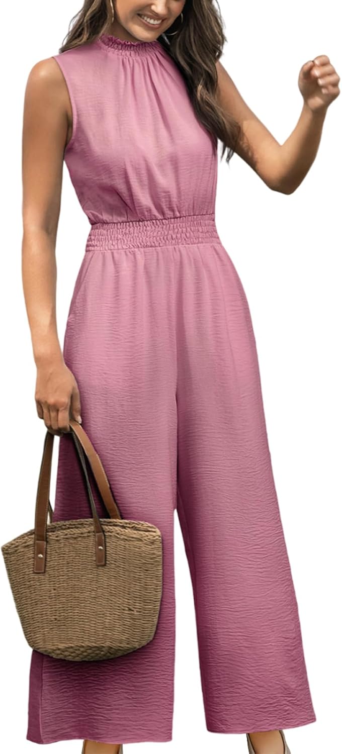 CUPSHE Women Floral Summer Maxi Jumpsuit with Pocket Mock Neck Elastic Waist Wide Leg Business Wedding Casual Holiday Dressy