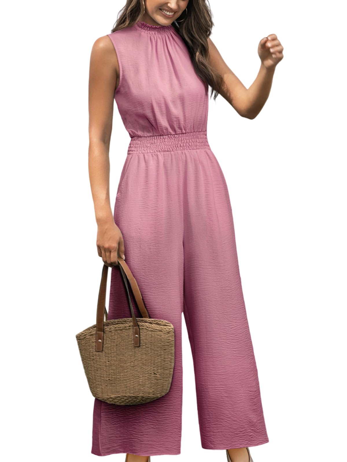 CUPSHE Maxi tuta estiva da donna con tasca, collo alto, elastico in vita, gamba larga, business, matrimonio, casual, vacanze, elegante