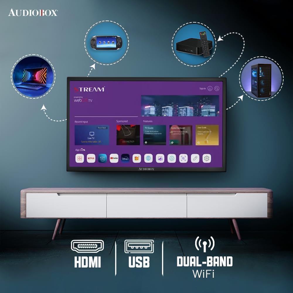 Audiobox 32” Smart LED HDTV – Full HD 1080p, webOS Hub, ThinQ AI, Dual-Band WiFi, Bluetooth, HDMI ARC, AC/DC 12V Compatible RV TV for Camping & Travel