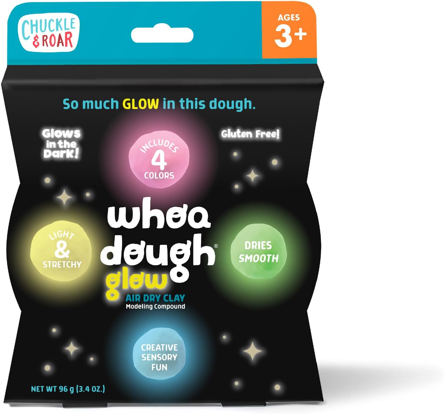 Chuckle & Roar Whoa Dough Glow-in-the-Dark 4-Pack – Soft Stretchy Sensory Dough for Kids Ages 3+, Re-Sealable Container, Moldable, Mixable, Creative Play Dough Set