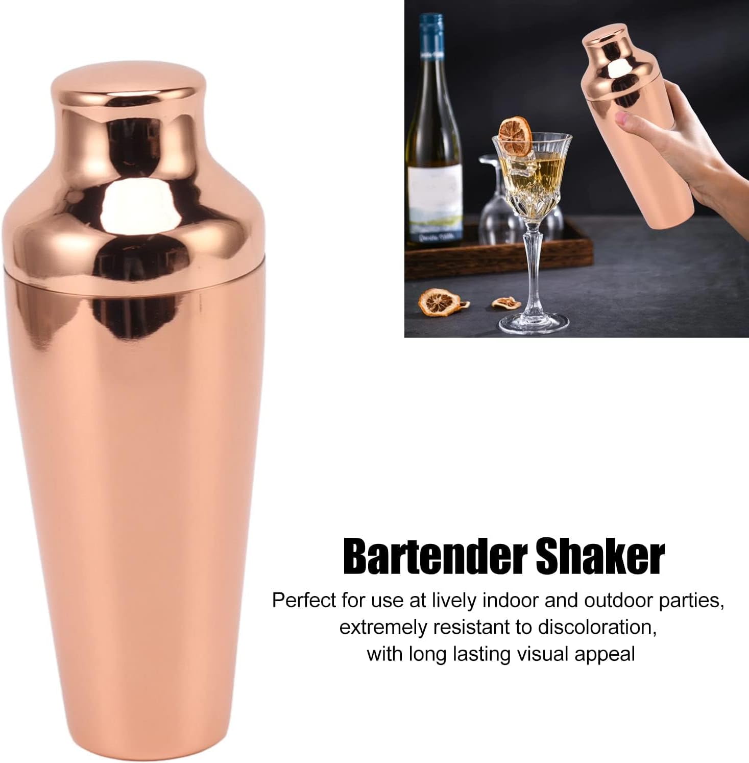 Cocktail Shaker 304 Stainless Steel, French Style Bartender Mixer for Martinis, Margaritas, Anti Shake, Dishwasher Safe, Glazed Satin Finish, Rosy Gold