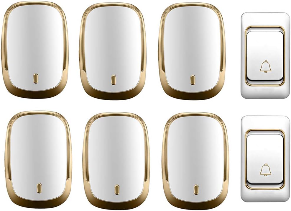 Wireless Doorbell Waterproof, 2 Transmitters and 6 Receivers 300M Transmission Self-Powered Doorbell, 36 Music Melody/4 Volume Levels/Intelligent Flashing Light Remind,Gold,Gold,Gold